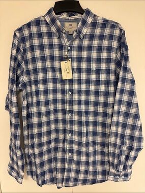 Report Collection Blue and White Plaid Linen-Blend Button-Down Shirt